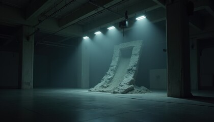 Abstract Architectural Sculpture of Cubes Collapsing in Dark Industrial Space with Dramatic Spotlight Illumination
