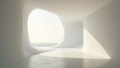 Modern White Architectural Space With Ocean View And Sunlight Reflection Creates Serene Atmosphere