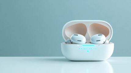 Wireless earbud in open charging case with blue LED light on white surface and blue background, modern tech gadget for music lovers