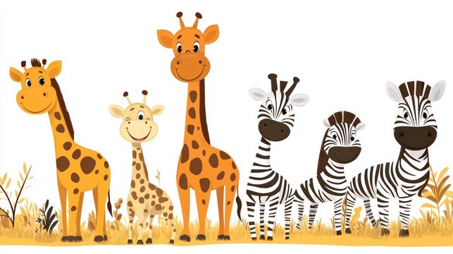 Cartoon giraffes and zebras in a savanna scene. Possible use Children's book illustration