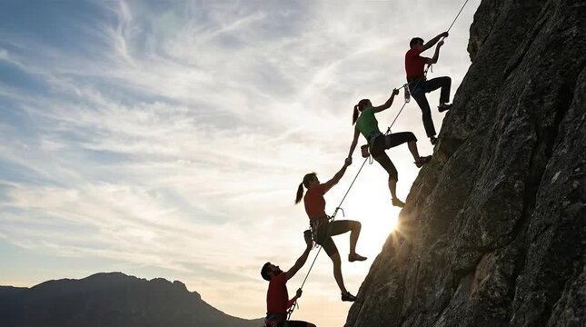Team of Four Silhouetted Rock Climbers Ascending Steep Mountain Face at Sunset, Illustrating Teamwork, Challenge, and Outdoor Adventure