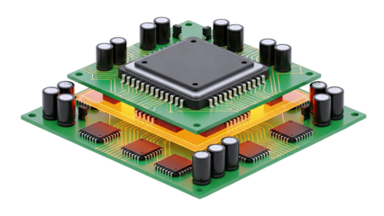 Layered Circuit Board with Microchips and Capacitors