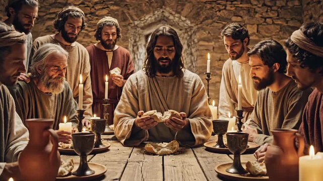 Jesus and male disciples at last supper table, breaking bread and looking up, a christian concept for religious imagery