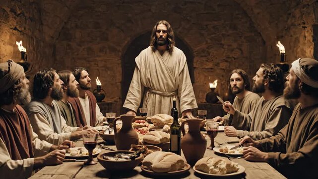 Jesus Christ stands with men at the last supper, sharing bread and wine in a religious scene