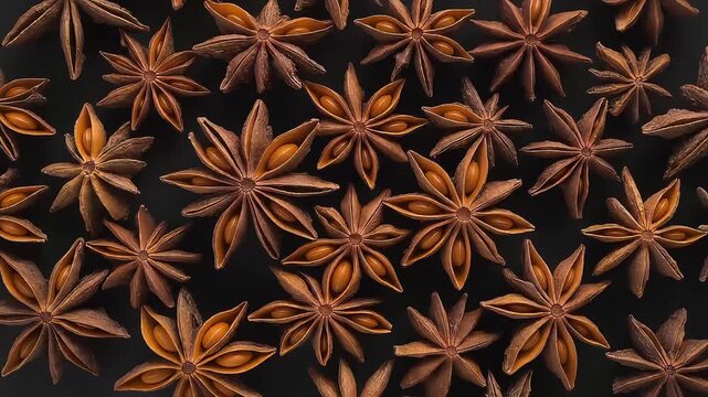 Ultra high-end cinematic full-frame texture of whole star anise (bunga lawang) on black background, warm brown tones, refined spice pattern for luxury food branding.