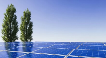 Expansive solar panel array generating clean electricity under a clear blue sky, capturing the sun's boundless energy for a sustainable future.