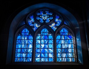 光が射し込むステンドグラス　教会・大聖堂・西洋建築　神聖な場所　ブルー