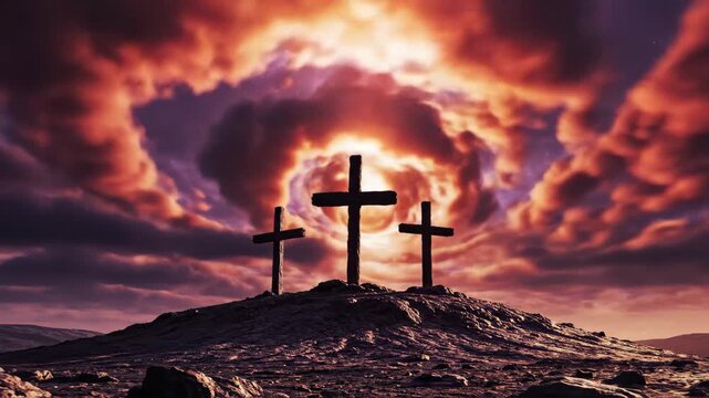 Three christian crosses on calvary hill with dramatic light animation. Religous event or good friday. Christianity.