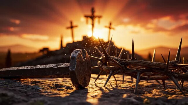 Nail and crown of thorns on ground with three crosses on hill at sunset. Dramatic Christian religious crucifixion scene.