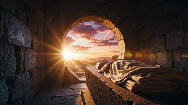 Jesus Christ resurrection scene with glowing light from open tomb at sunrise on Easter celebration. Faith and religion concept.