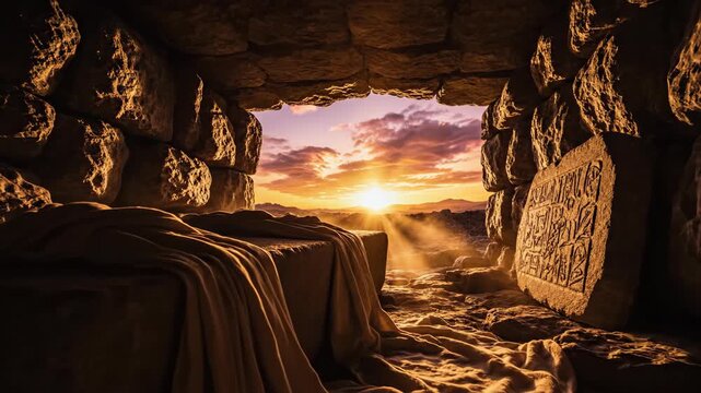 Empty tomb of Jesus at sunrise with burial cloth. Easter resurrection concept with stone cave opening to light.