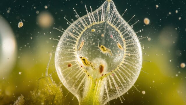 Intricate macro shot of a transparent bell-shaped microorganism with tiny copepods inside, thriving in a vibrant yellow-green aquatic ecosystem, showcasing delicate underwater life.