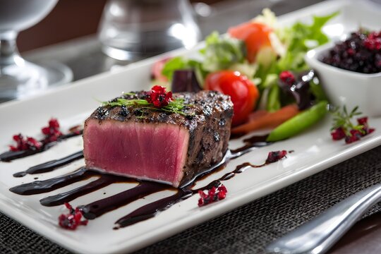 Gourmet Steak mit frischem Salat in moderner Fine Dining Pr&auml;sentation
