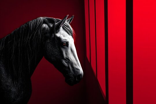 Schwarzes Pferd vor rotem minimalistischen Hintergrund
