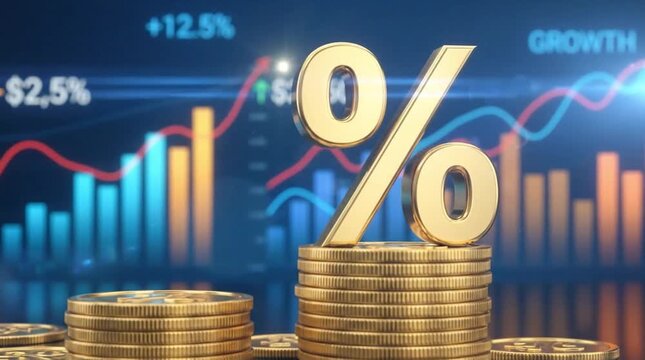 3D Golden Percentage Icon on Stacked Coins with Digital Finance Charts, Illustrating Investment, Interest, and Economic Growth