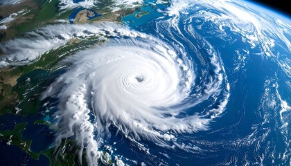 Earth view of a large hurricane over the ocean with cloud formations