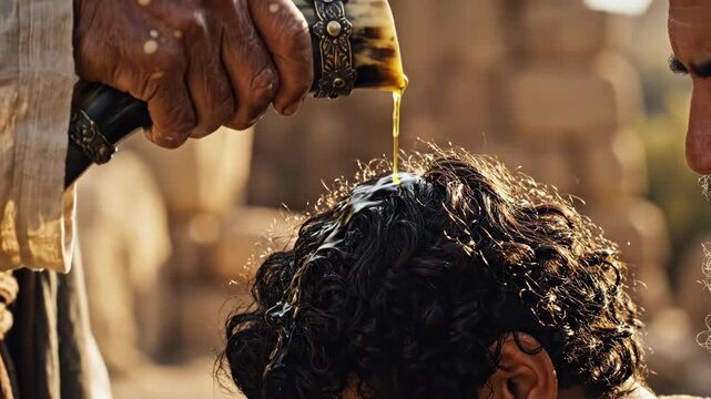 Man anointing another mans head with oil from an ornate horn, biblical religious ritual