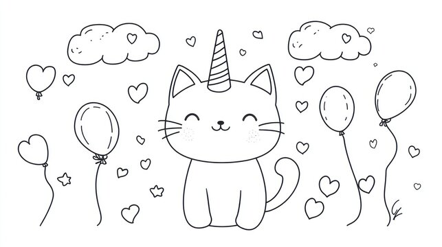 Cute cartoon unicorn cat with balloons and hearts, coloring page