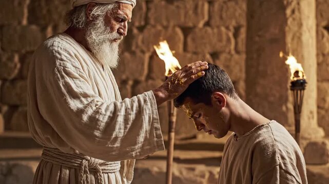 Elderly man anoints younger mans head as part of a religious ritual for blessing and sacred ceremony with torchlight setting