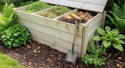 Wooden compost bin filled with garden waste and organic materials with a shovel leaning against it outdoors