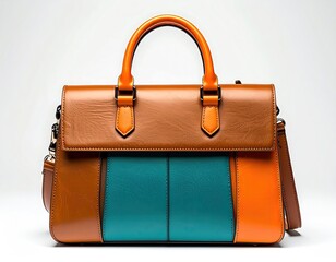 Leather handbag brown, teal, and orange with shoulder strap
