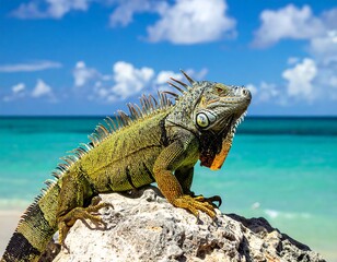 Iguana on rock, bright green and orange hues against the turquoise sea and sky on a sunny day