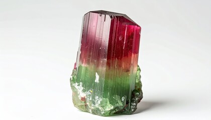 Naturally formed gemstone exhibiting a color gradient of green, pink, and red