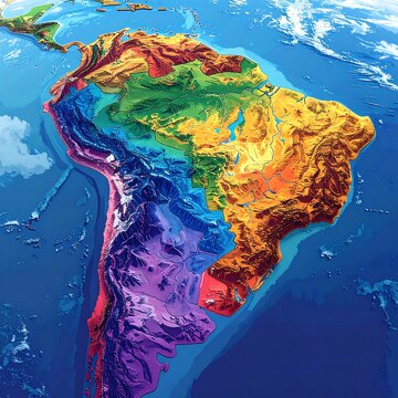 Topographic map depiction of South America's diverse landscapes