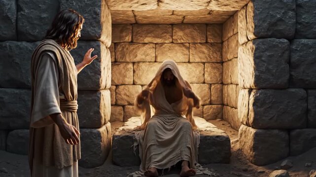 Jesus performs miracle, bringing light to a cloaked man, a conceptual image for spiritual awakening and divine intervention