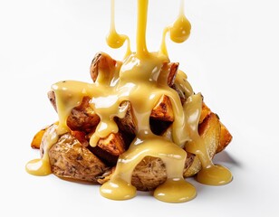 Golden sauce cascading over roasted potato wedges, white backdrop