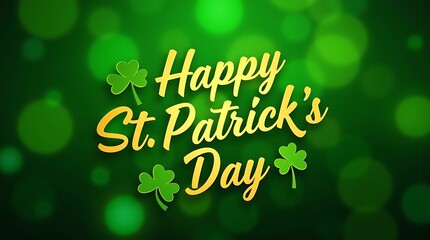 Happy St. Patrick's Day Greeting with Shamrocks on Green Bokeh Background  