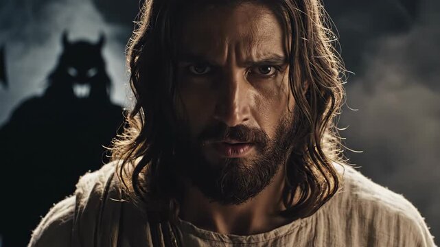 Man with long hair and beard shows determined expression as devil shadow appears behind him in three frames
