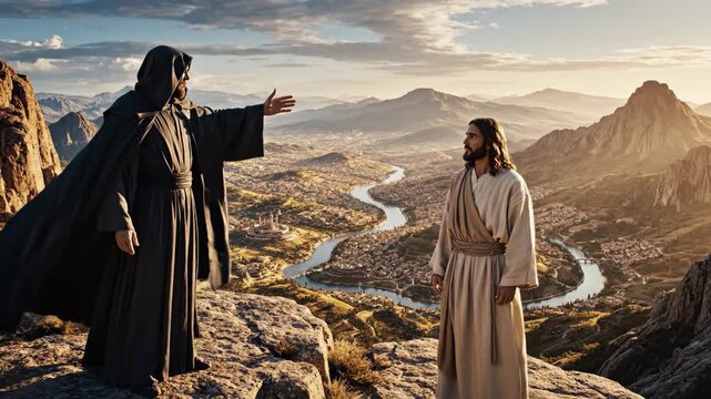 Satan tempting Jesus high on top of mountain with all the kingdoms of the world. Biblical scene in panoramic view.