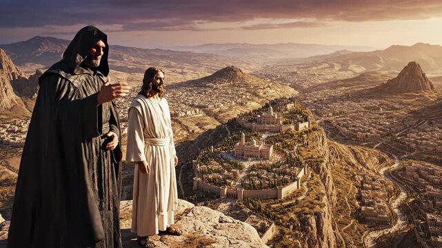 Devil tempting Jesus on mountain overlooking city, a biblical story of faith and resistance to evil for religion concept