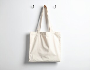 A plain cream-colored tote bag hangs on a simple white wall with hooks