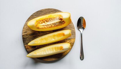 Sliced melon on a wooden board, with a spoon beside it, all on white