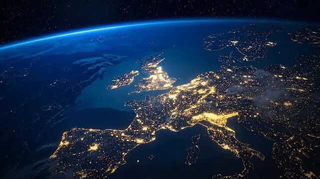 Spectacular view of Europe from space, showcasing city lights at night.