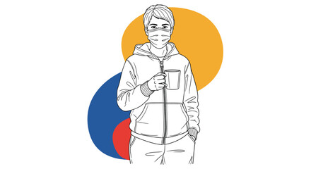 Line drawing of a woman wearing a face mask and holding a coffee mug against a backdrop of colorful circular shapes.