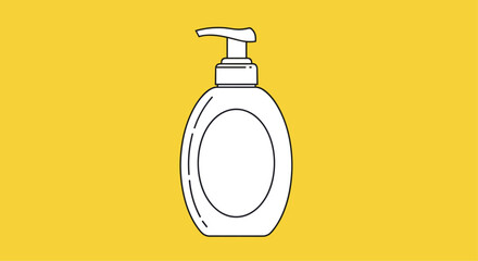 Simple outline drawing of an oval-shaped soap dispenser bottle with a pump on a bright yellow background for hygiene.