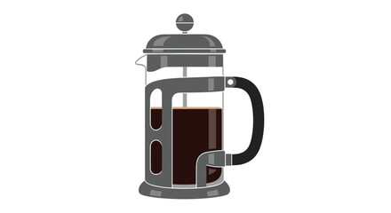 Realistic flat illustration of a french press coffee maker filled with dark brewed coffee on a plain white background.