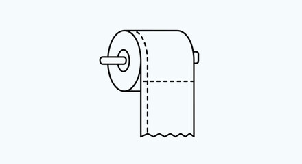 Minimalist line drawing of a roll of toilet paper on a holder against a light blue background for household essentials.