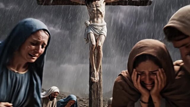 Jesus Christ on cross, with women and man weeping through various stages of rain and lightning. Religious suffering concept.
