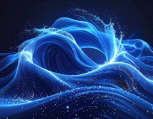 Glowing blue wave forms swirling abstract landscape with sparkling particles against a dark gradient background