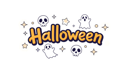 Fun halloween typography decorated with cartoon ghosts skulls stars and celestial elements for a festive spooky atmosphere.