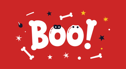 Bold boo exclamation on a red background surrounded by bones and stars creates a playful and vibrant halloween graphic.