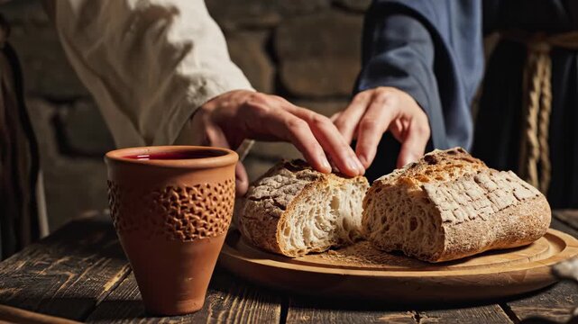 Person breaking bread for a religious ceremony. Traditional catholic eucharist elements on wooden table for sacrament.