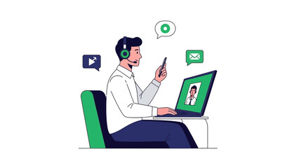 Man with headset and phone at laptop, video call, customer service, online communication