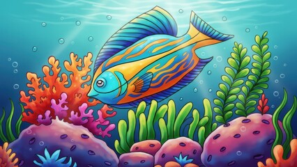 Fototapeta premium An enchanting ocean scene with a radiant fish exploring its vibrant coral reef habitat isolated on white background. Hand drawing line art, colored by AI