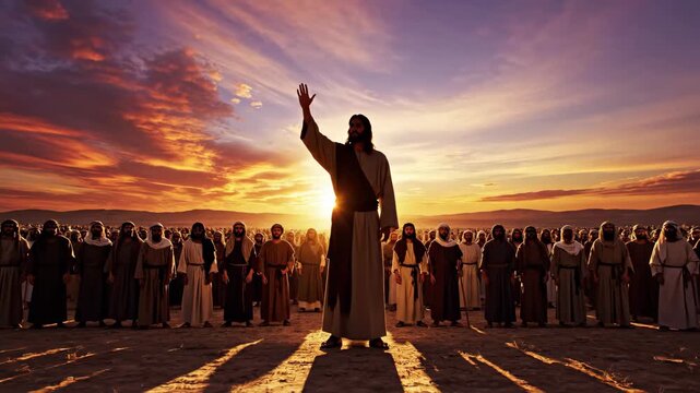 Jesus Christ extending his hand to a crowd of men at sunset for a religious gathering in a desert or field
