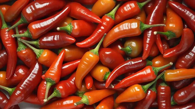 High-end cinematic close-up of fresh bird&rsquo;s eye chili peppers filling the frame, vibrant red and orange tones, glossy texture, bold spicy food background for premium branding.